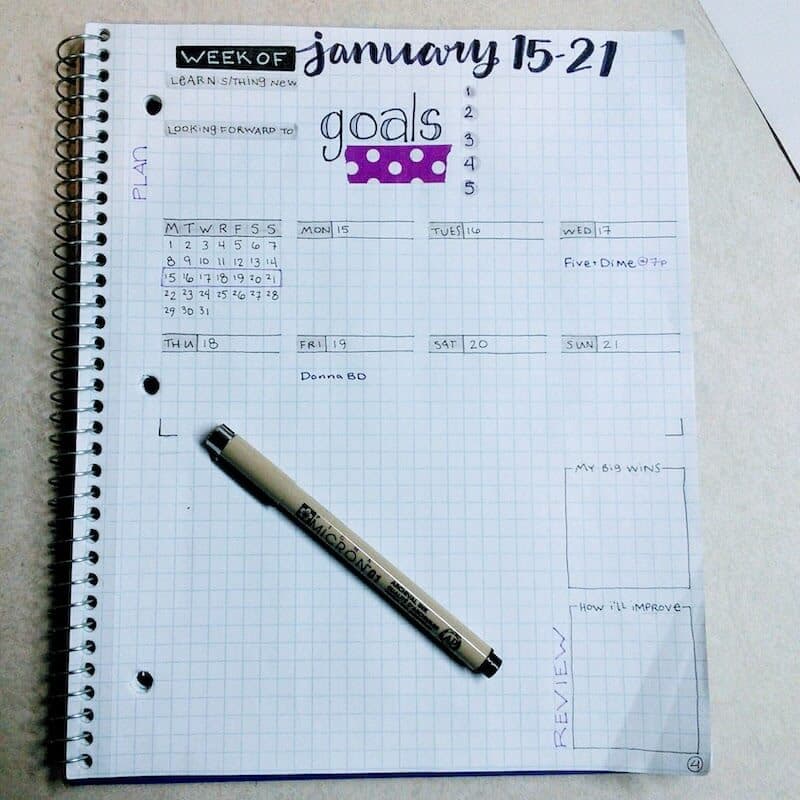 Grid paper notebook with handwritten calendar for the week of January 15-21